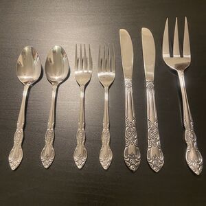 VTG LUSTREWARE Korea Stainless ROSE 7pc Flatware Fork Spoon Knife & Serving Fork